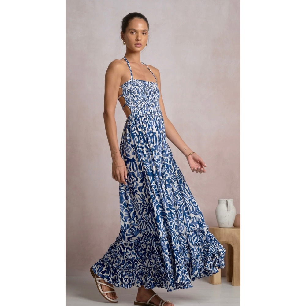Elan Blue White Abstract Smocked Halter Maxi Dress RGP50193 Womens Large NEW
